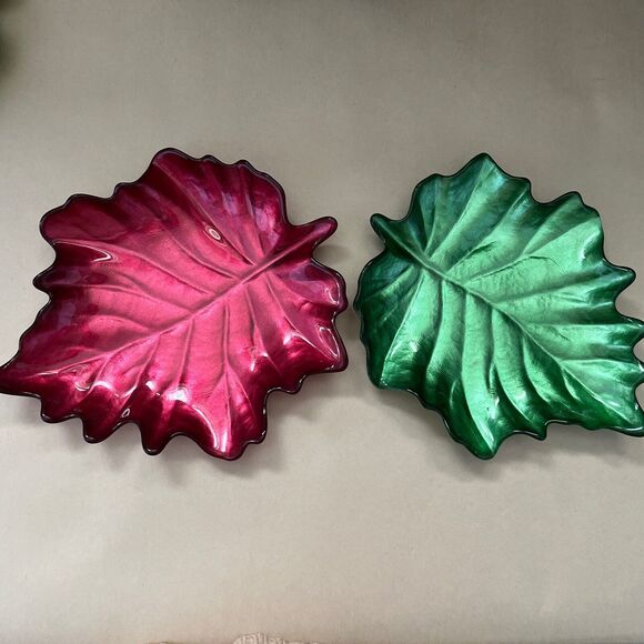 5 pc Glass Ceramic Maple‎ Leaf Handcrafted Tray Candy Dish Green/Red/Gray - Picture 5 of 16